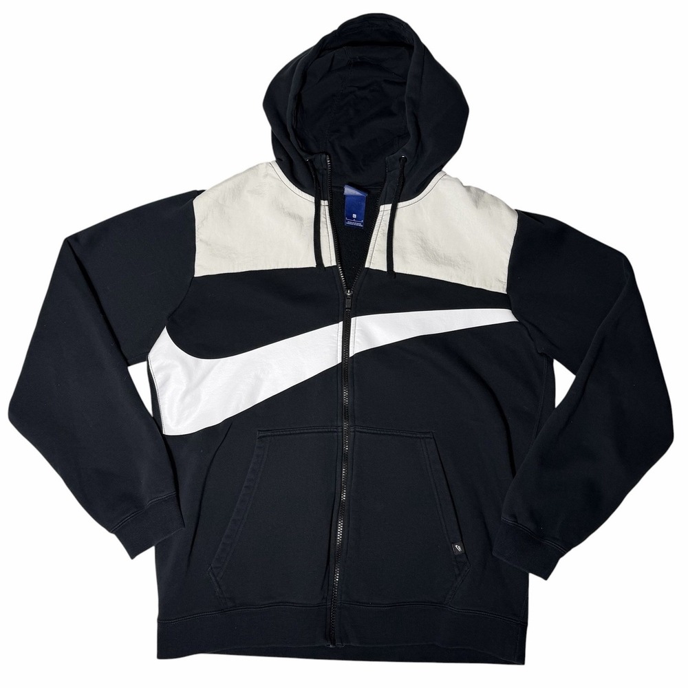 Nike Sportswear Hoodie Mens Large Black White Big Swoosh Full Zip Colorblock